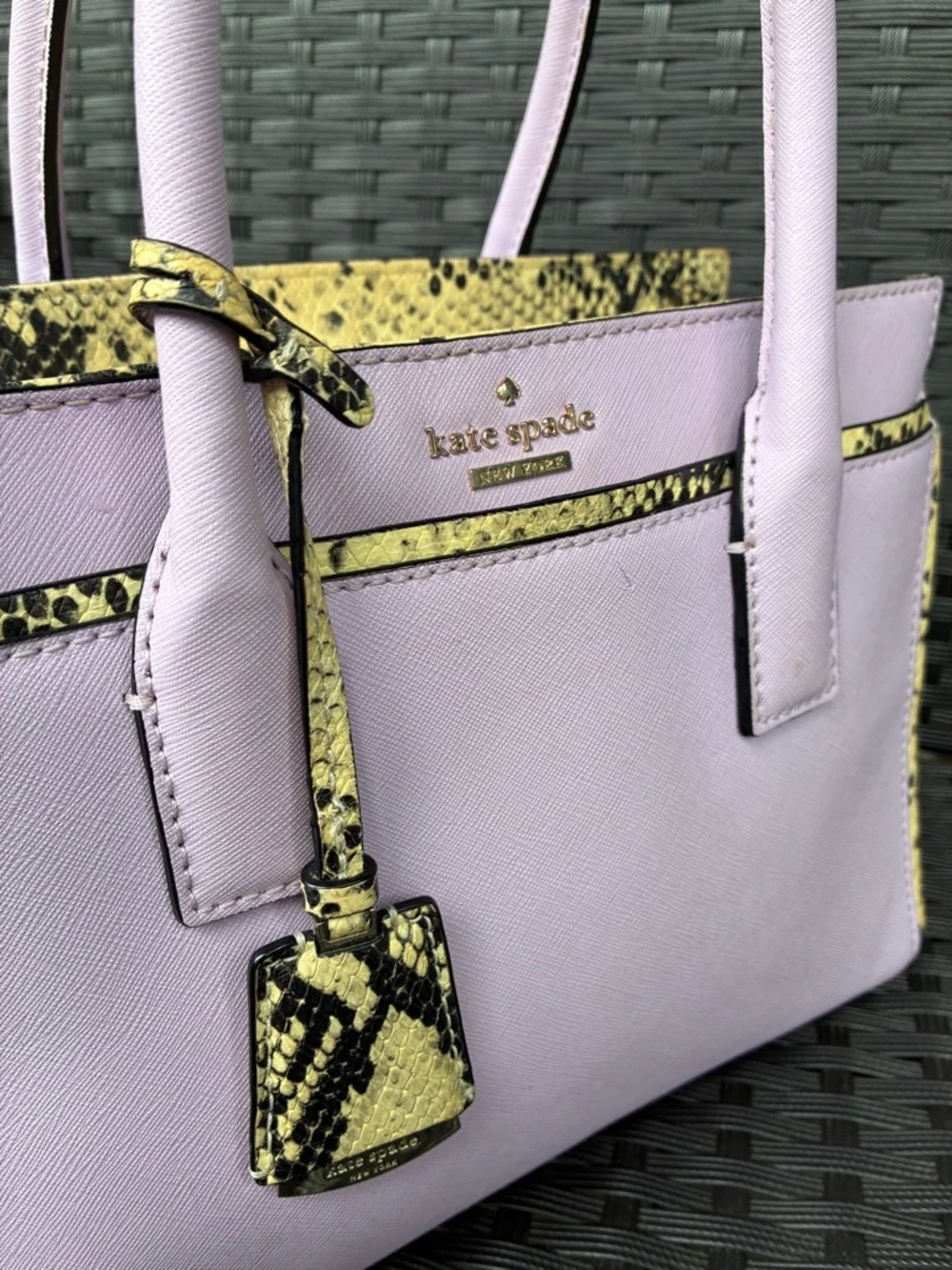 kate spade lilac satchel with yellow snake-print trim
